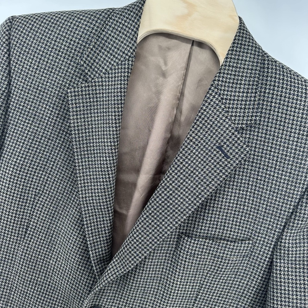 Chaps Blazer Mens 46R Gray Blue Houndstooth 100% Lambswool 2 Button Sport Coat